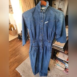 Vintage 80s IDEAS Denim Jeean Jumpsuit Made In USA Snap 3/4 Sleeves